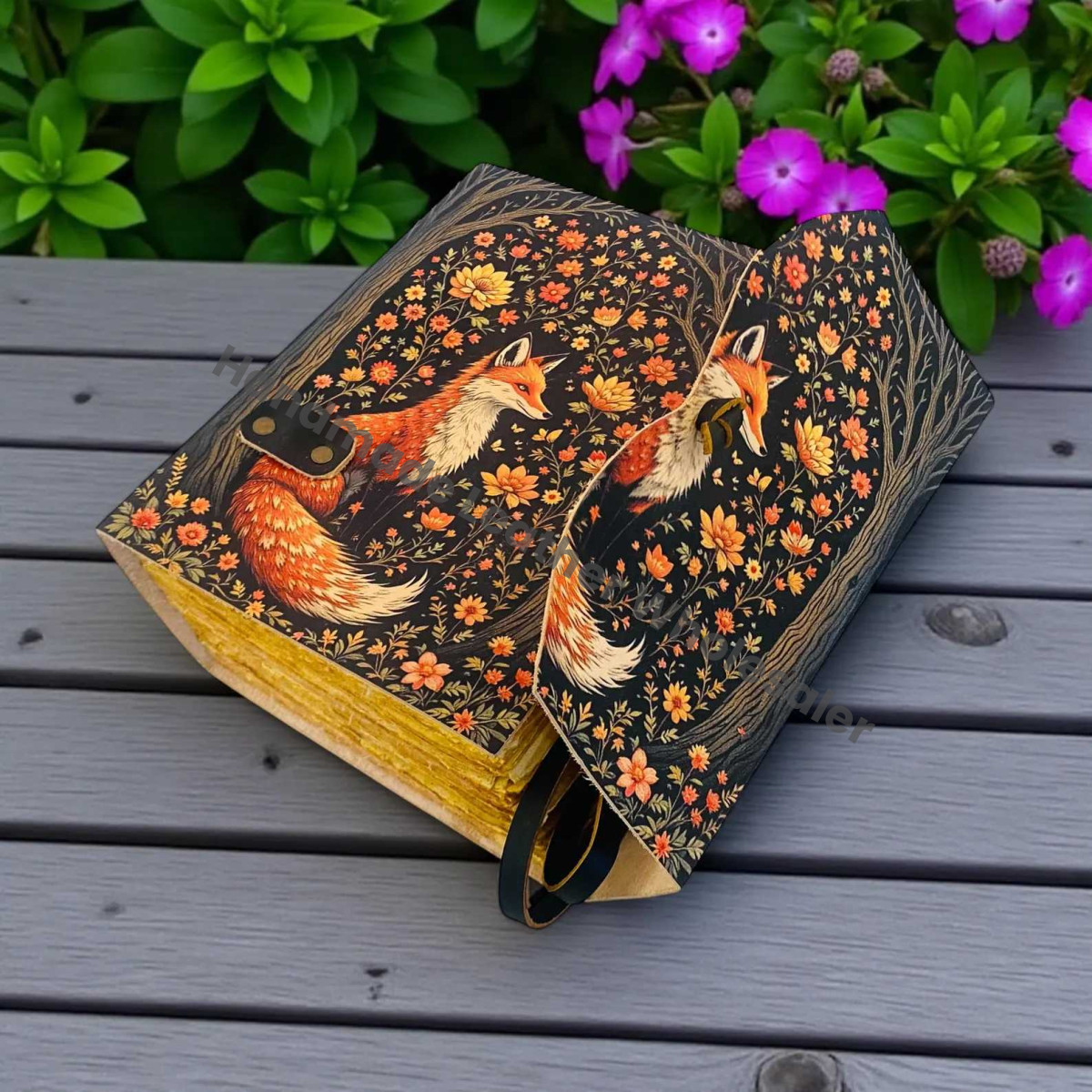 Fox Leather Journal | Handmade Grimoire Fat Journal -Brass Key Closure | Blank Spell Book of Shadows | Celestial Gift for Christmas