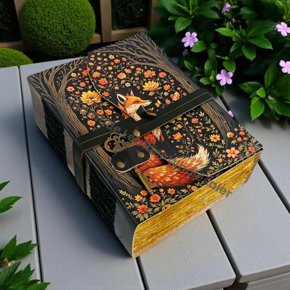 Fox Leather Journal | Handmade Grimoire Fat Journal -Brass Key Closure | Blank Spell Book of Shadows | Celestial Gift for Christmas