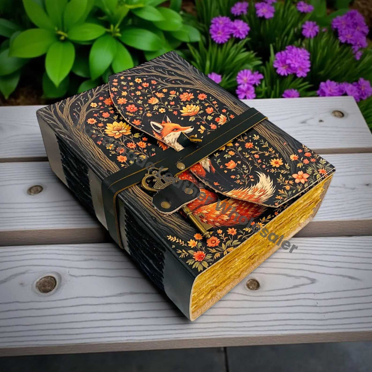 Fox Leather Journal | Handmade Grimoire Fat Journal -Brass Key Closure | Blank Spell Book of Shadows | Celestial Gift for Christmas