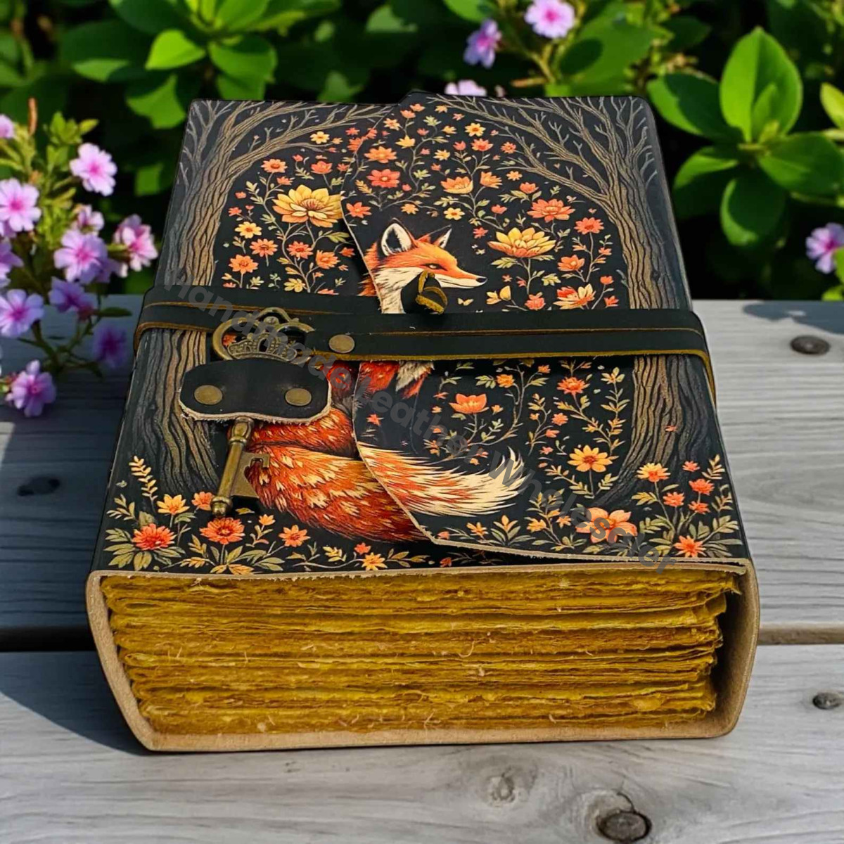 Fox Leather Journal | Handmade Grimoire Fat Journal -Brass Key Closure | Blank Spell Book of Shadows | Celestial Gift for Christmas