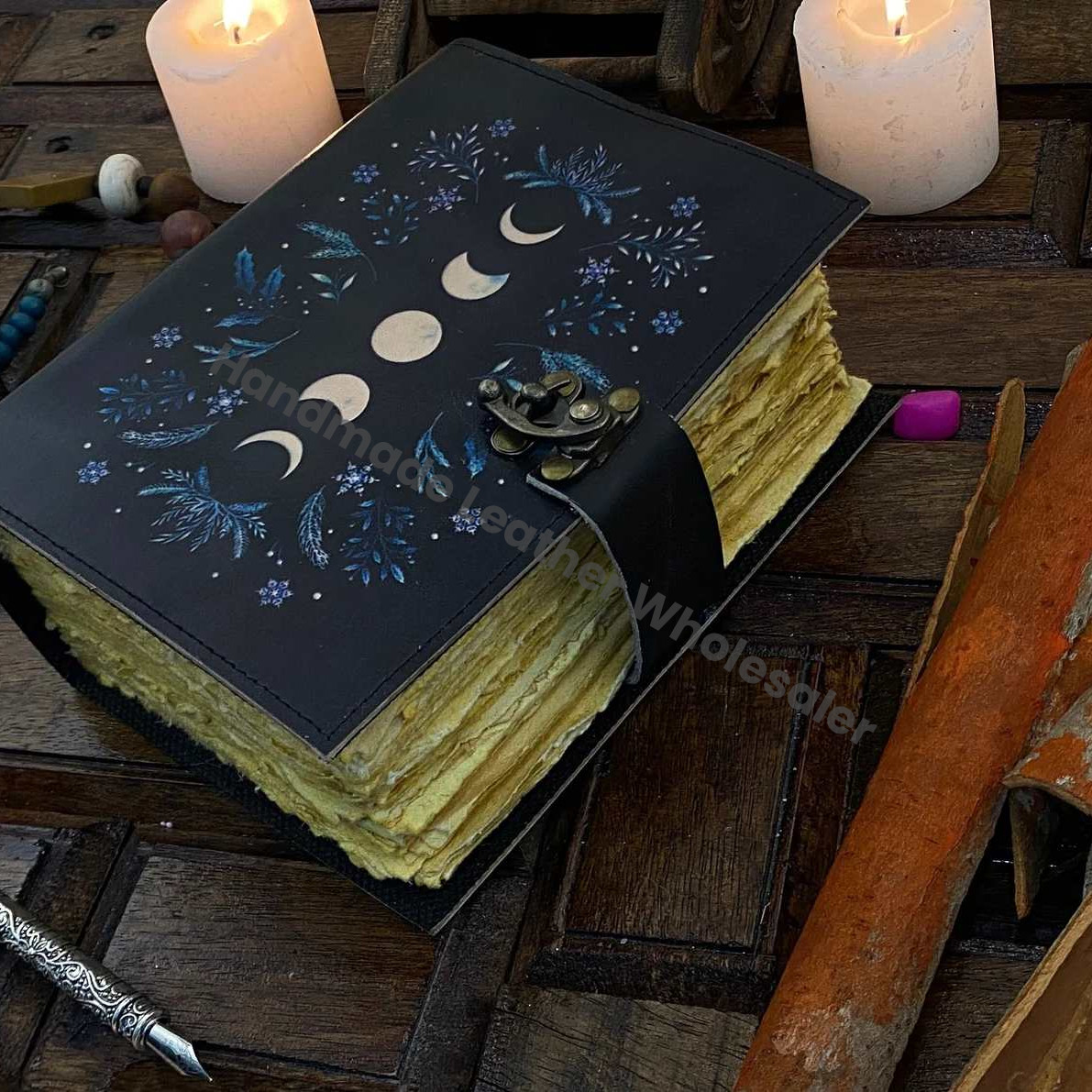 Large Grimoire leather journal, Moon Phases journal Book of Shadows ,Notebook Blank spell Leather