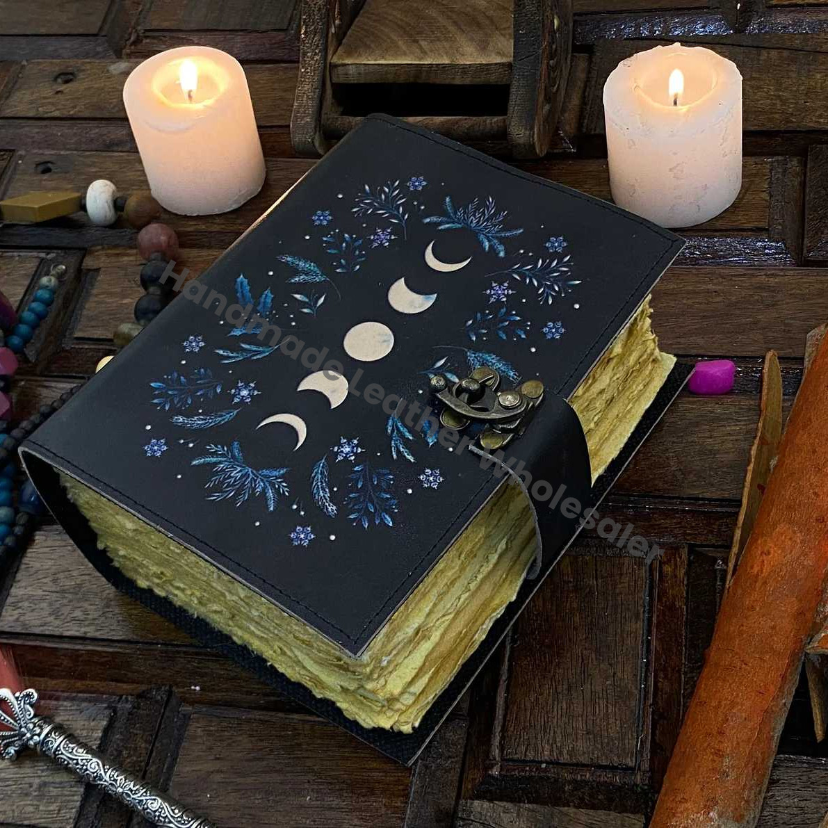 Large Grimoire leather journal, Moon Phases journal Book of Shadows ,Notebook Blank spell Leather