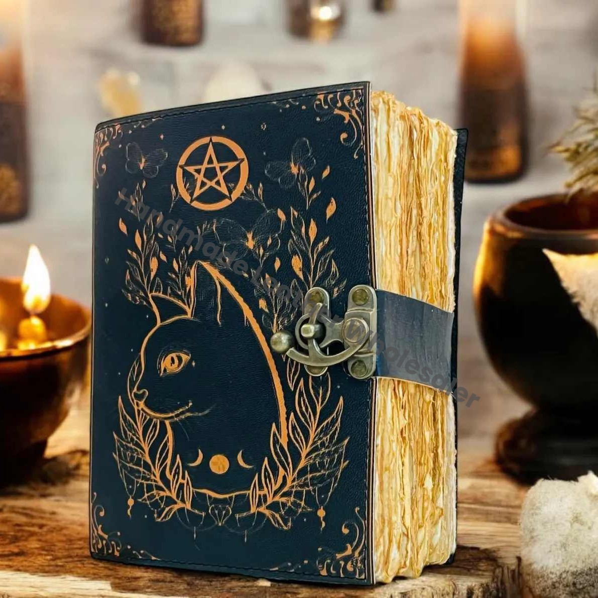 Grimoire Celtic Cat Book of shadow -Leather Journal- Blank Spell book - Witch Wiccan Notebook Journal