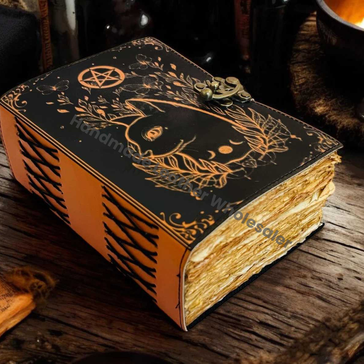 Grimoire Celtic Cat Book of shadow -Leather Journal- Blank Spell book - Witch Wiccan Notebook Journal
