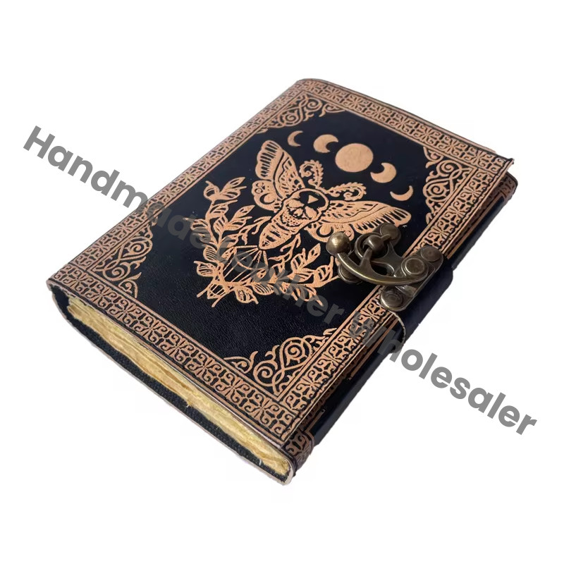 Antique Book of Spell Charmed Sun Moon Moth Leather Handmade Deckle Edge Paper Embossed Vintage Sketchbook Planner