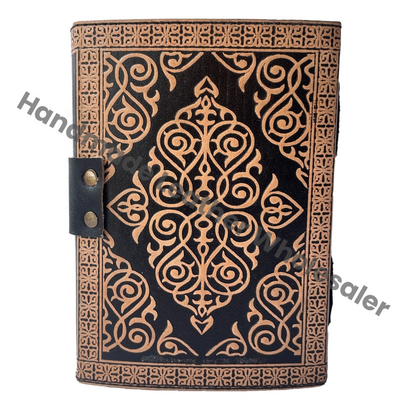 Antique Book of Spell Charmed Sun Moon Moth Leather Handmade Deckle Edge Paper Embossed Vintage Sketchbook Planner