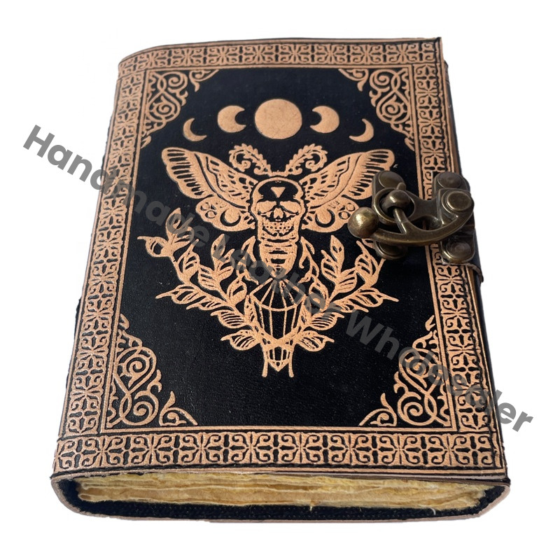 Antique Book of Spell Charmed Sun Moon Moth Leather Handmade Deckle Edge Paper Embossed Vintage Sketchbook Planner