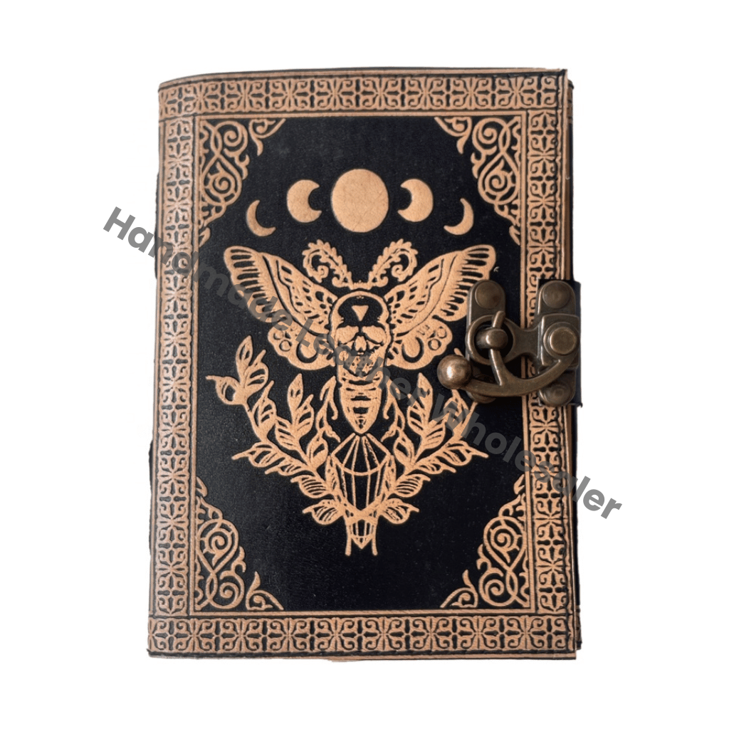 Antique Book of Spell Charmed Sun Moon Moth Leather Handmade Deckle Edge Paper Embossed Vintage Sketchbook Planner
