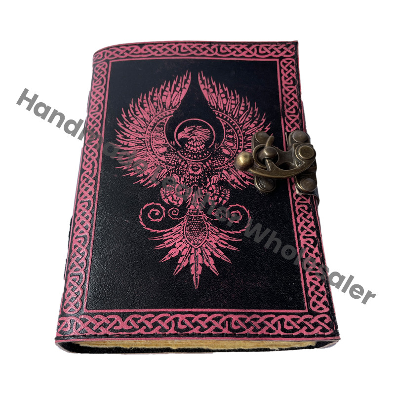 Antique Book Spell Charmed Eagle Leather Hardcover Journal Handmade Deckle Edge Paper Pink Black Embossed Vintage