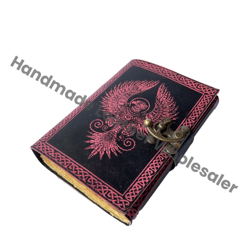 Antique Book Spell Charmed Eagle Leather Hardcover Journal Handmade Deckle Edge Paper Pink Black Embossed Vintage