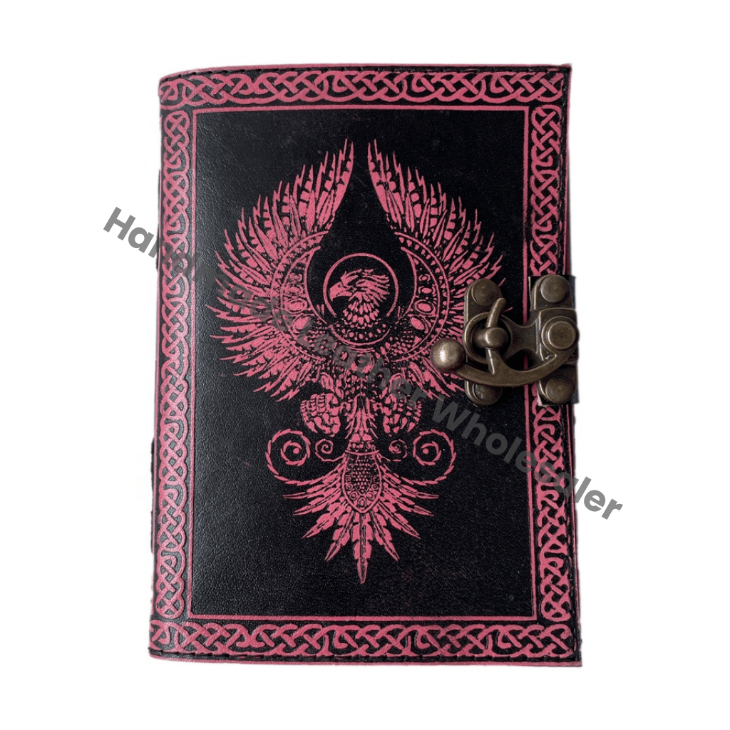 Antique Book Spell Charmed Eagle Leather Hardcover Journal Handmade Deckle Edge Paper Pink Black Embossed Vintage