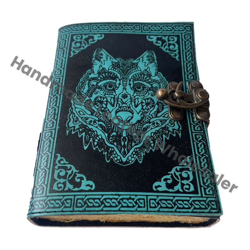 Antique Book Spell Charmed Wolf Face Celtic Leather Hardcover Handmade Spiral Deckle Edge Paper Blue Black Embossed Vintage Gift