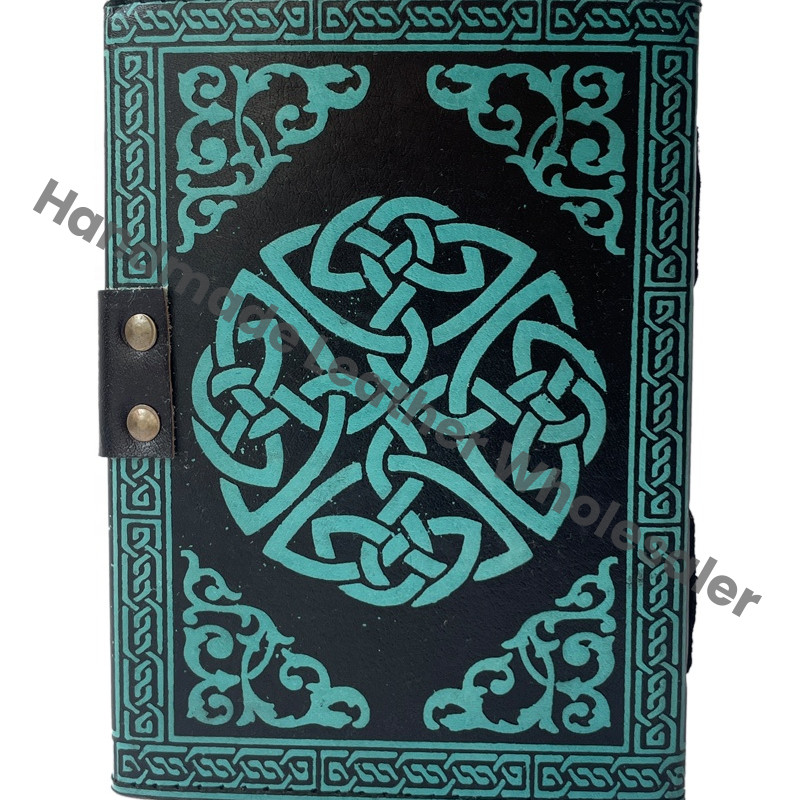 Antique Book Spell Charmed Wolf Face Celtic Leather Hardcover Handmade Spiral Deckle Edge Paper Blue Black Embossed Vintage Gift