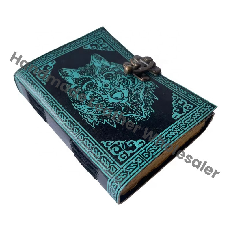 Antique Book Spell Charmed Wolf Face Celtic Leather Hardcover Handmade Spiral Deckle Edge Paper Blue Black Embossed Vintage Gift