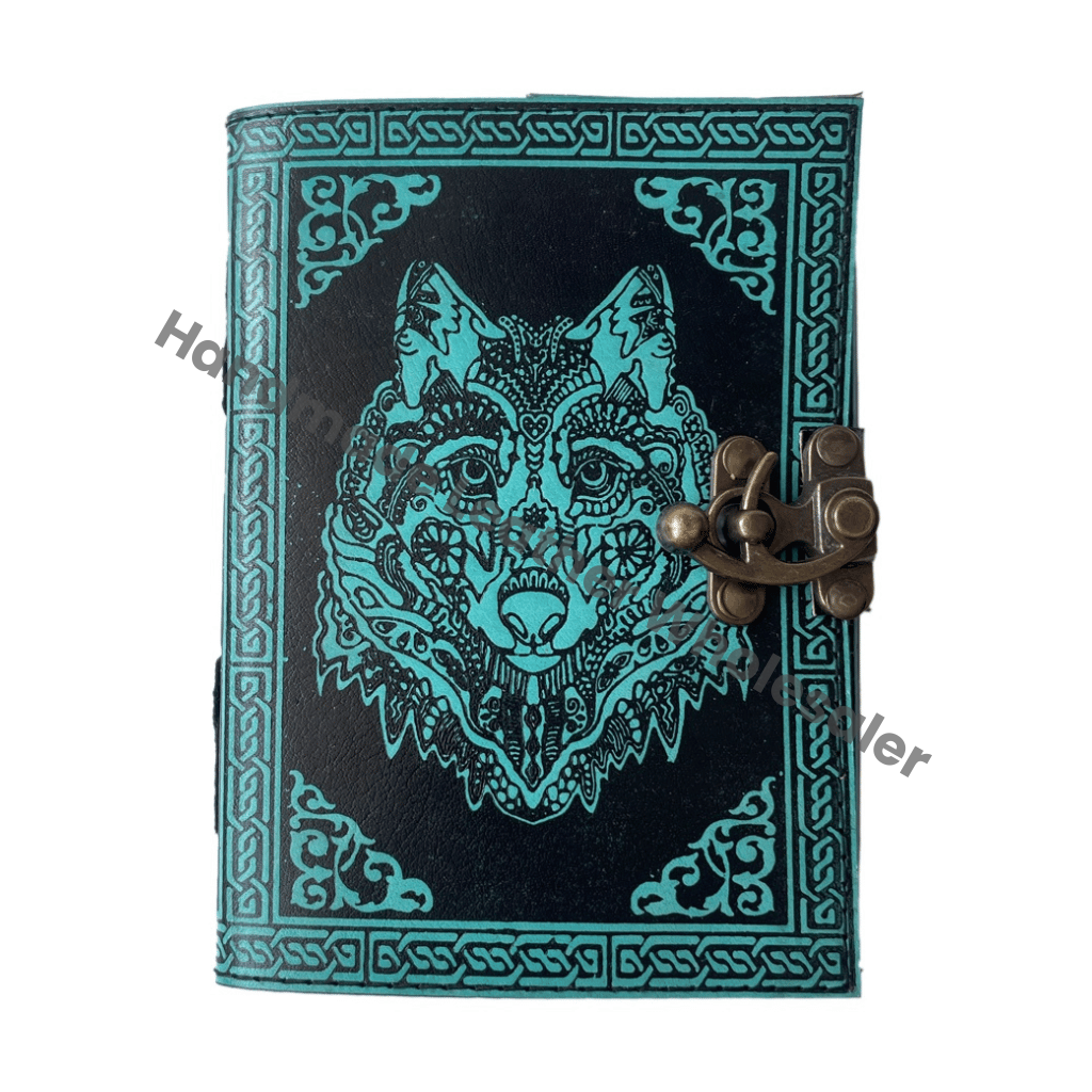 Antique Book Spell Charmed Wolf Face Celtic Leather Hardcover Handmade Spiral Deckle Edge Paper Blue Black Embossed Vintage Gift