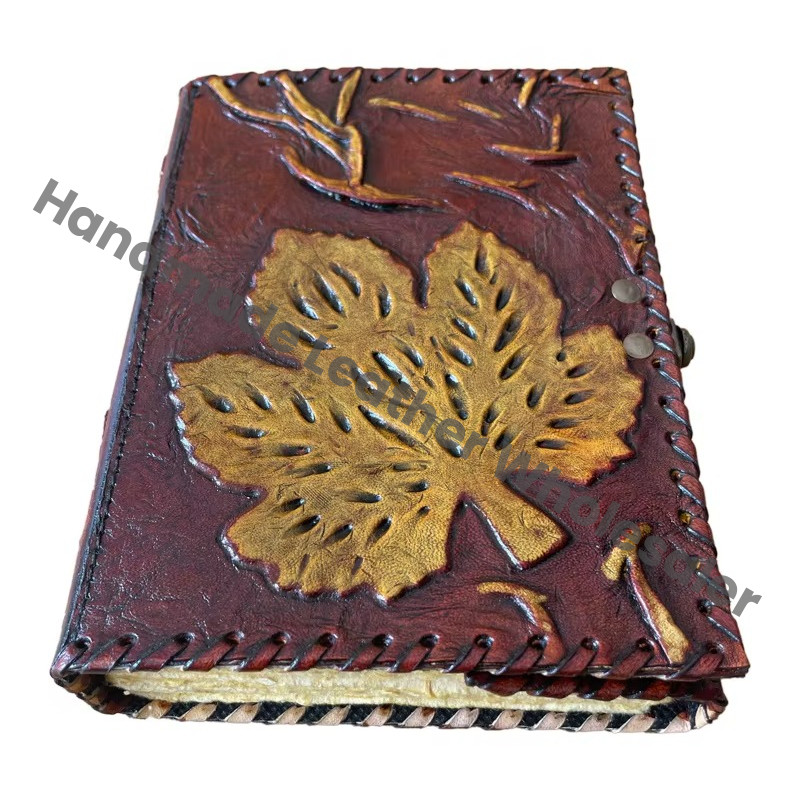 Antique Brown Handmade Leather Hardcover Address Book Planner with Eco-friendly Paper Personalized Leaf Design Unlined Pages