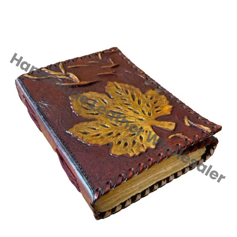 Antique Brown Handmade Leather Hardcover Address Book Planner with Eco-friendly Paper Personalized Leaf Design Unlined Pages