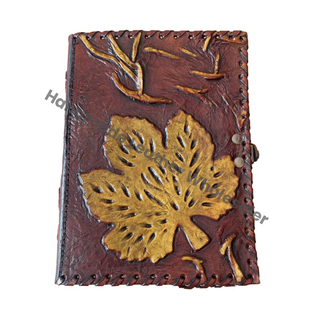Antique Brown Handmade Leather Hardcover Address Book Planner with Eco-friendly Paper Personalized Leaf Design Unlined Pages