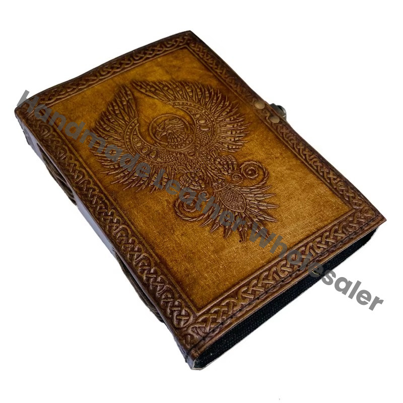 Antique Embossed Eagle Hardcover Leather Journal Spiral Metal Closure Charcoal Genuine Leather Cover Recycled Paper Writing