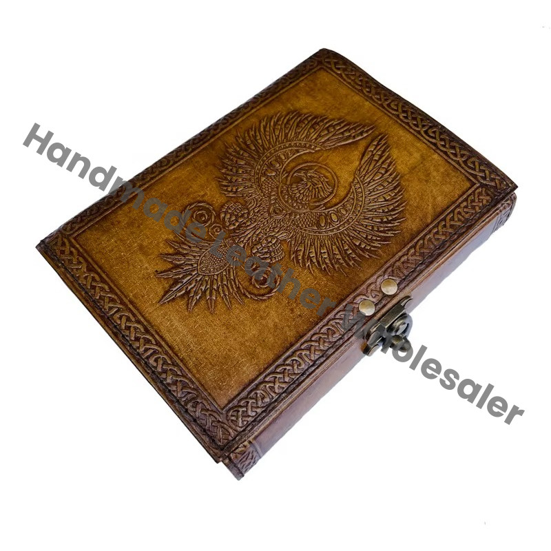 Antique Embossed Eagle Hardcover Leather Journal Spiral Metal Closure Charcoal Genuine Leather Cover Recycled Paper Writing