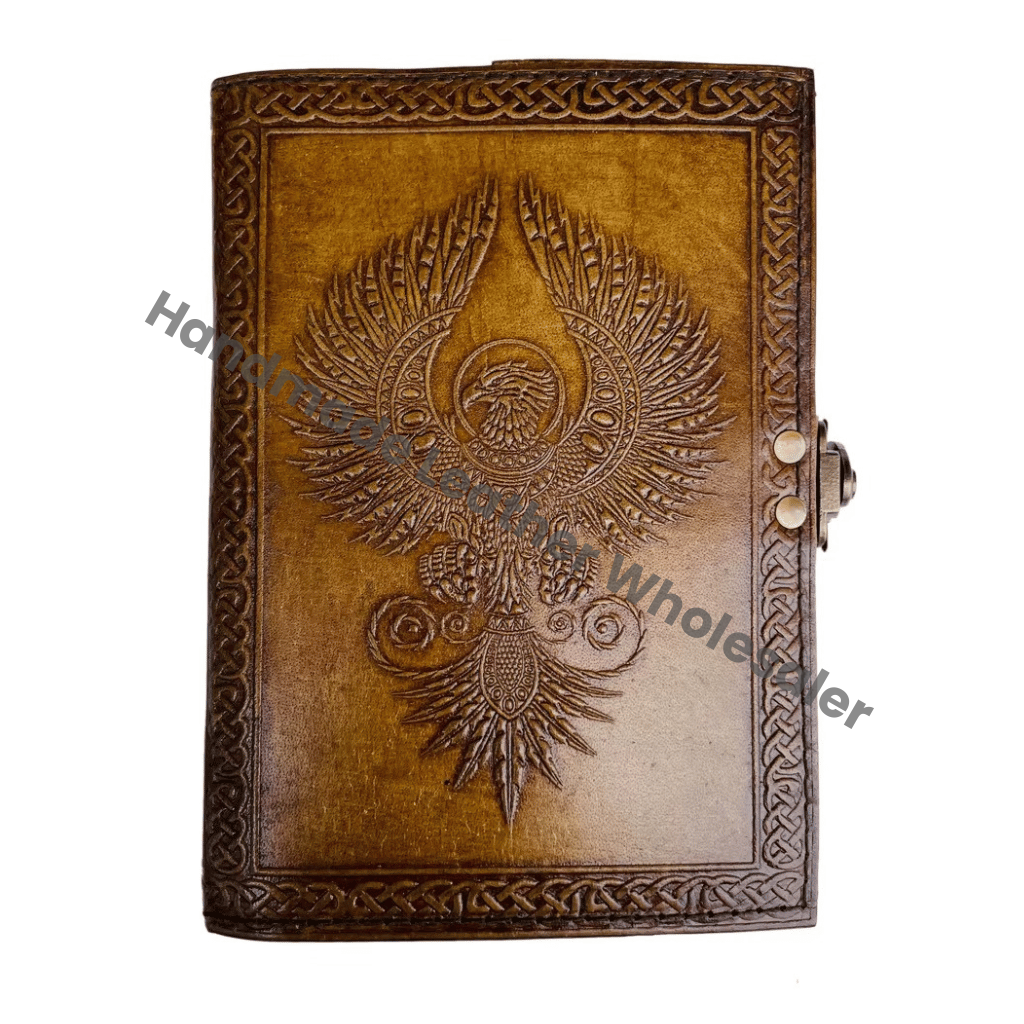 Antique Embossed Eagle Hardcover Leather Journal Spiral Metal Closure Charcoal Genuine Leather Cover Recycled Paper Writing