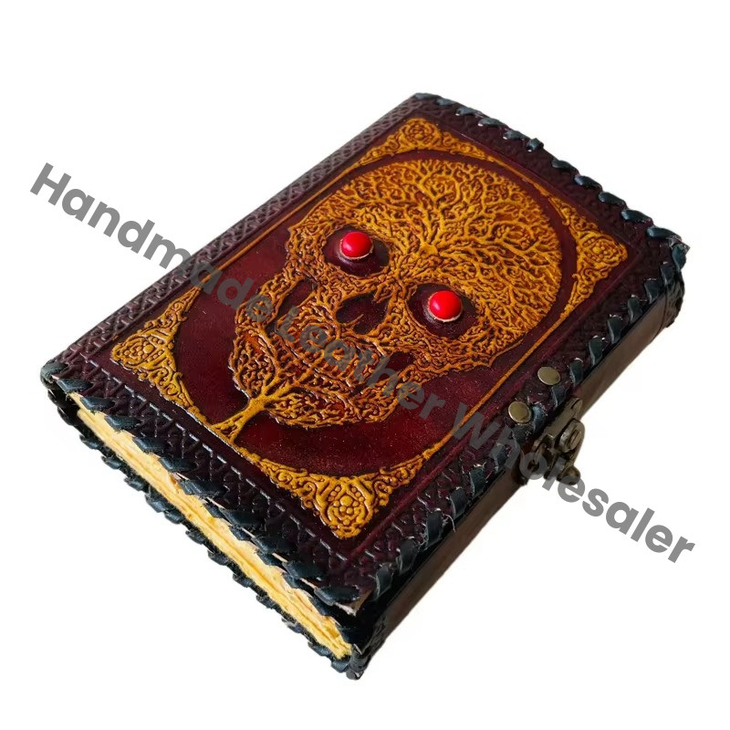 Antique Embossed Leather Journal Day Dead Stone Vintage Skull C Lock Yellow Guest Book Handmade Deckle Art Paper Notebook Gift