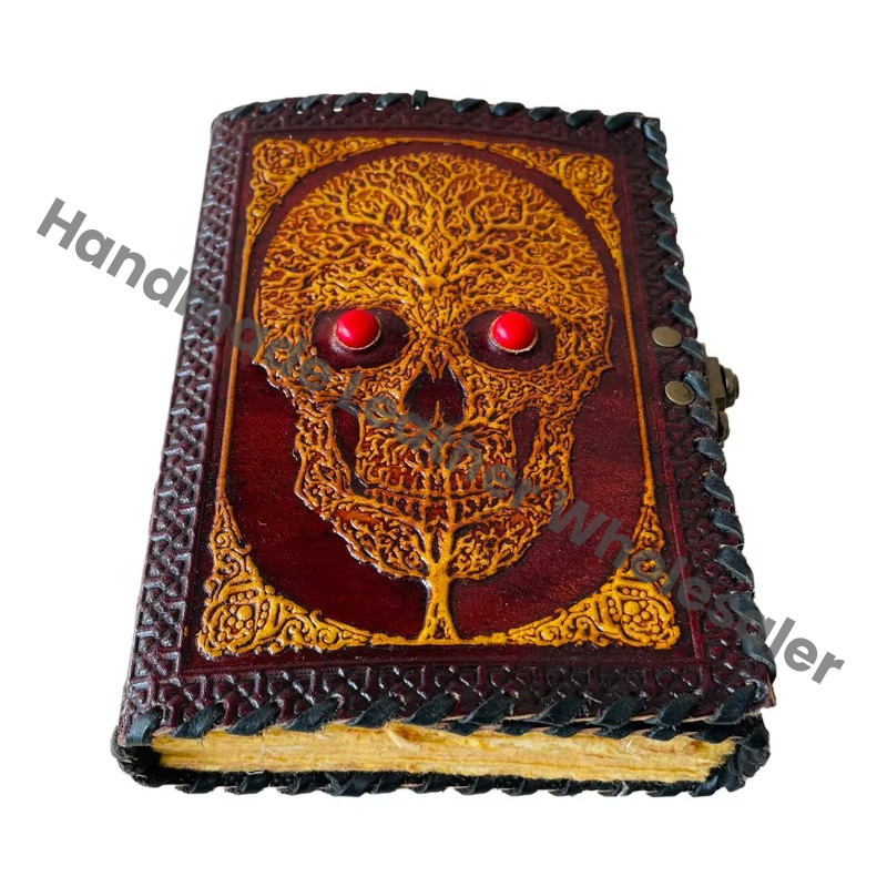 Antique Embossed Leather Journal Day Dead Stone Vintage Skull C Lock Yellow Guest Book Handmade Deckle Art Paper Notebook Gift