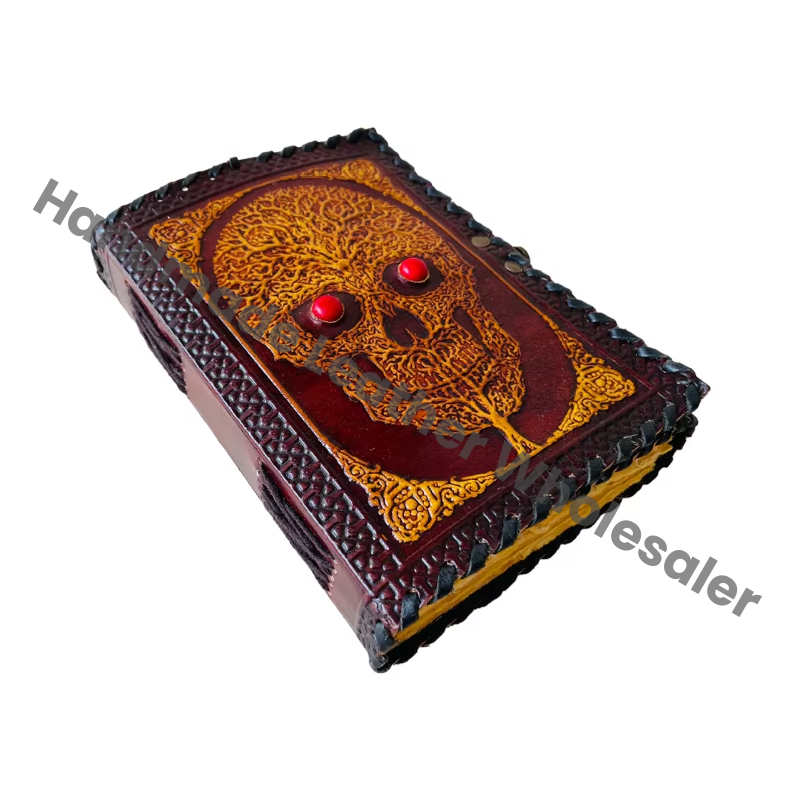 Antique Embossed Leather Journal Day Dead Stone Vintage Skull C Lock Yellow Guest Book Handmade Deckle Art Paper Notebook Gift