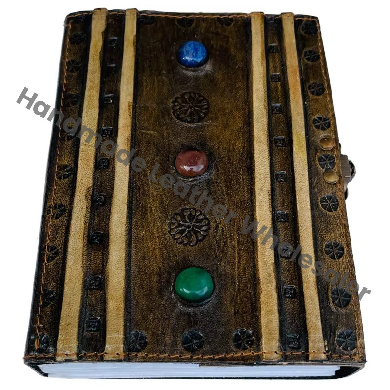 Antique Embossed Leather Journal Thermal Binding Three Stone Metal Closure Charcoal Genuine Recycled Paper Gift Writing Notebook
