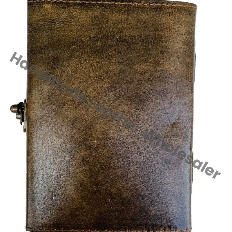 Antique Embossed Leather Journal Thermal Binding Three Stone Metal Closure Charcoal Genuine Recycled Paper Gift Writing Notebook