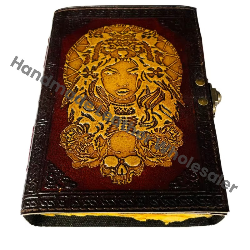 Antique Embossed Leather Journal with Metal Closure Woman with tiger Mask Yellow Hardcover Guest Book Handmade Paper Gift Her