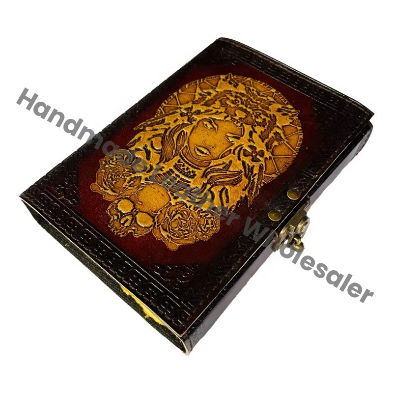 Antique Embossed Leather Journal with Metal Closure Woman with tiger Mask Yellow Hardcover Guest Book Handmade Paper Gift Her