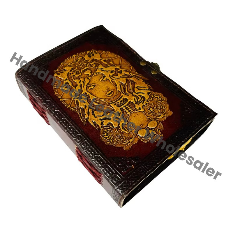 Antique Embossed Leather Journal with Metal Closure Woman with tiger Mask Yellow Hardcover Guest Book Handmade Paper Gift Her