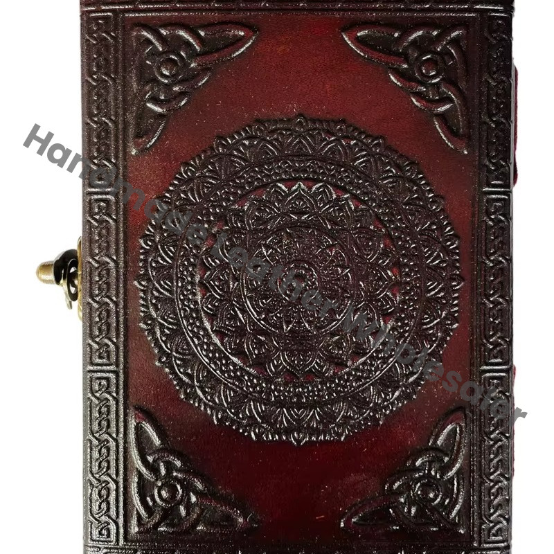 Antique Embossed Leather Journal with Metal Closure Woman with tiger Mask Yellow Hardcover Guest Book Handmade Paper Gift Her