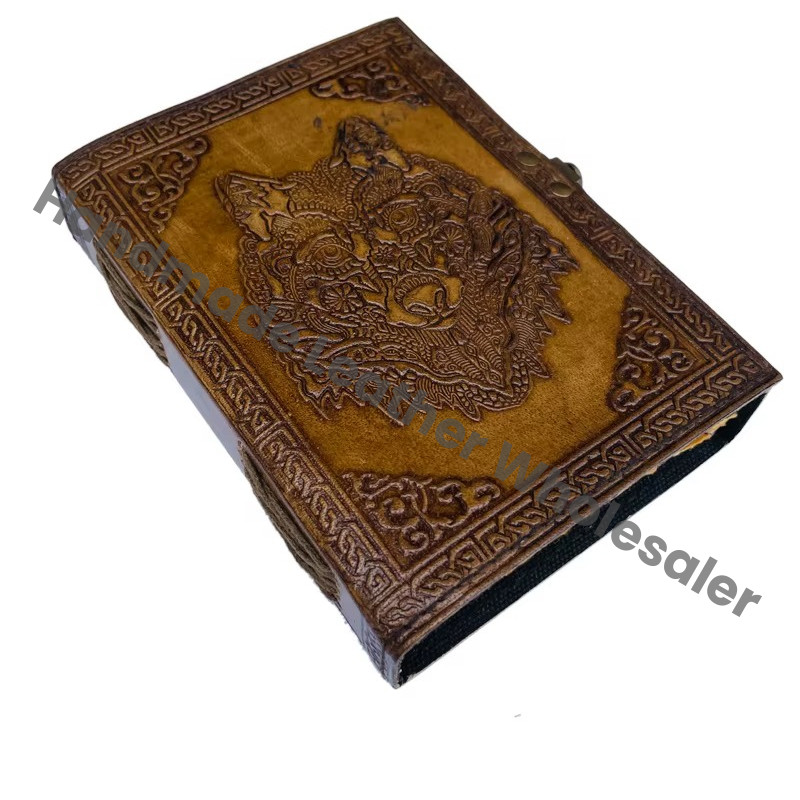 Antique Embossed Wolf Leather Journal with Metal Closure Charcoal Guest Book Handmade Paper Gift Him Day Personal Organizer