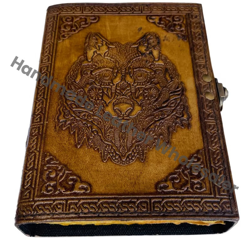 Antique Embossed Wolf Leather Journal with Metal Closure Charcoal Guest Book Handmade Paper Gift Him Day Personal Organizer