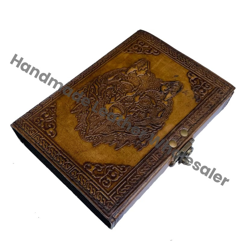 Antique Embossed Wolf Leather Journal with Metal Closure Charcoal Guest Book Handmade Paper Gift Him Day Personal Organizer