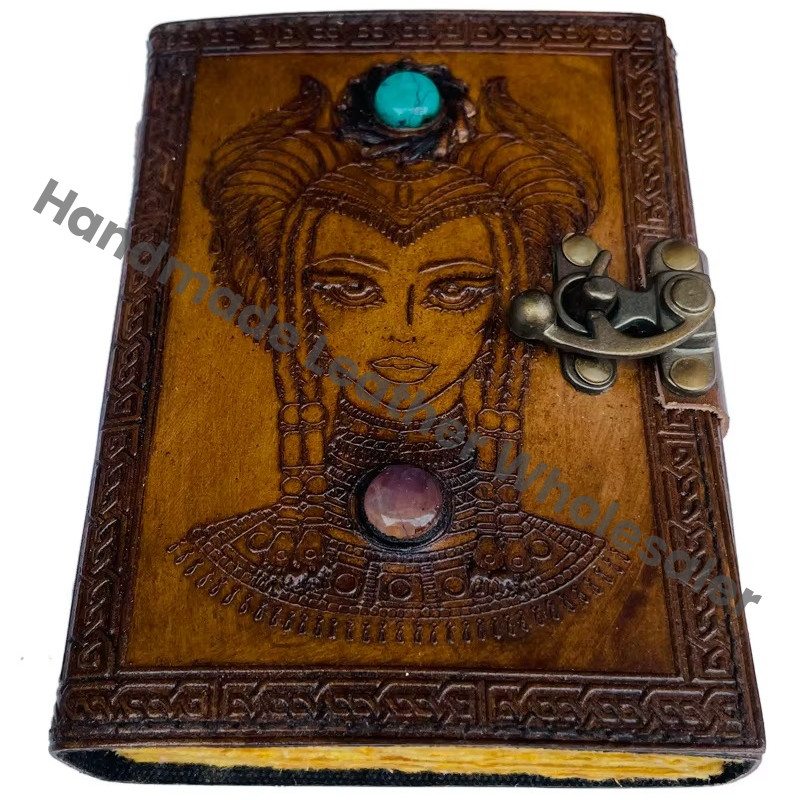 Antique Embossed Women's Face Stone Leather Journal Spiral Bound Handmade Paper Gift Organizer with Metal Closure Prop Spells