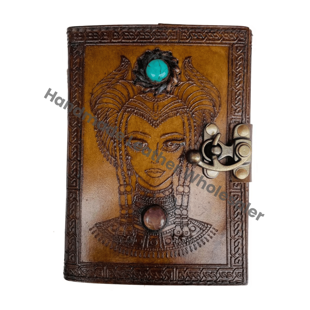 Antique Embossed Women's Face Stone Leather Journal Spiral Bound Handmade Paper Gift Organizer with Metal Closure Prop Spells