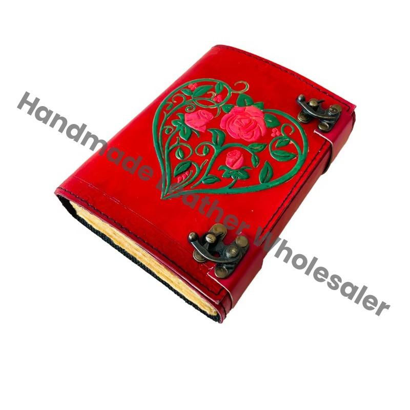 Antique Flower Heart Leather Journal Rose Embossed Charcoal Book Thermal Binding Handmade Paper Personal Organizer Gift Him