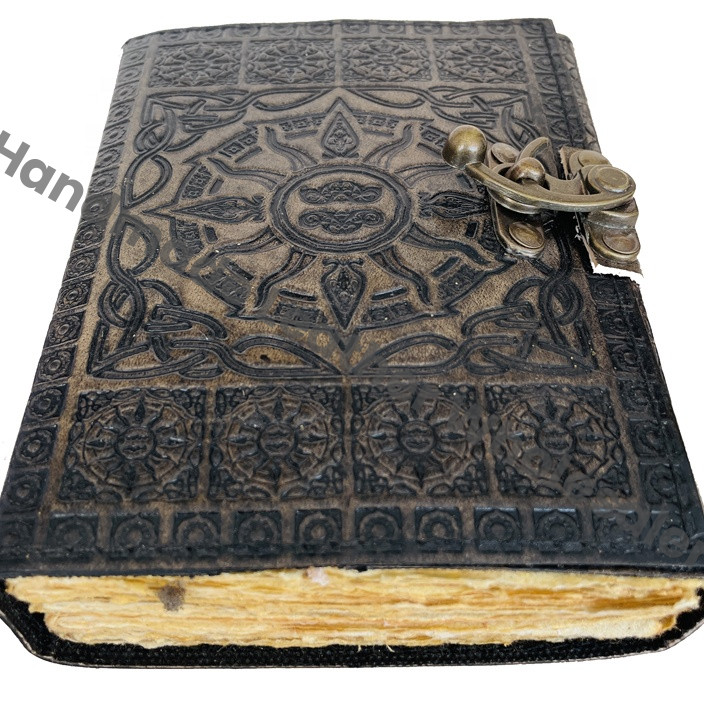 Antique Handmade Charcoal Hardcover Leather Journal Deckle Edge Paper Sketchbook Sun Embossed Vintage Charmed Gift