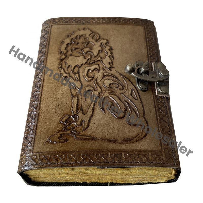 Antique Handmade Deckle Edge Paper Lion Charcoal Embossed Vintage Leather Hardcover Journal Thermal Sketchbook