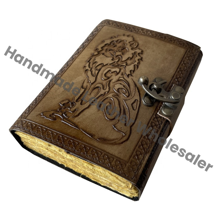 Antique Handmade Deckle Edge Paper Lion Charcoal Embossed Vintage Leather Hardcover Journal Thermal Sketchbook