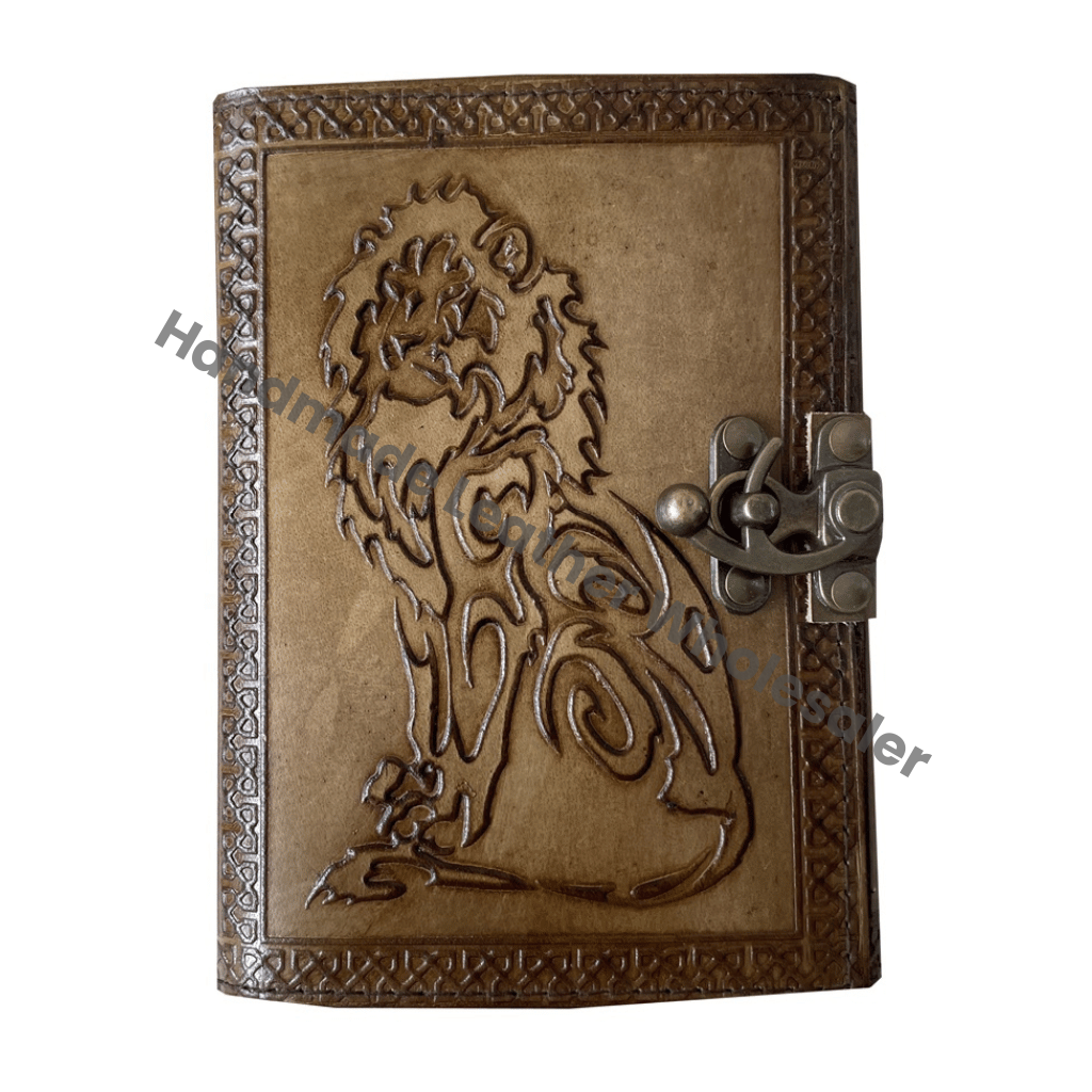 Antique Handmade Deckle Edge Paper Lion Charcoal Embossed Vintage Leather Hardcover Journal Thermal Sketchbook