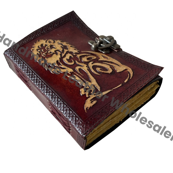 Antique Handmade LION Vintage Leather Journals Spell Wiccan Yellow Notebooks Writing Planner Deckle Paper Thermal Binding Gift