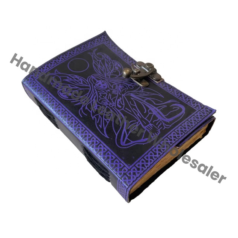 Antique Leather Book of Spell Charmed Fairy Of Moon Handmade Deckle Edge Paper Blue Embossed Vintage Sketchbook Travel