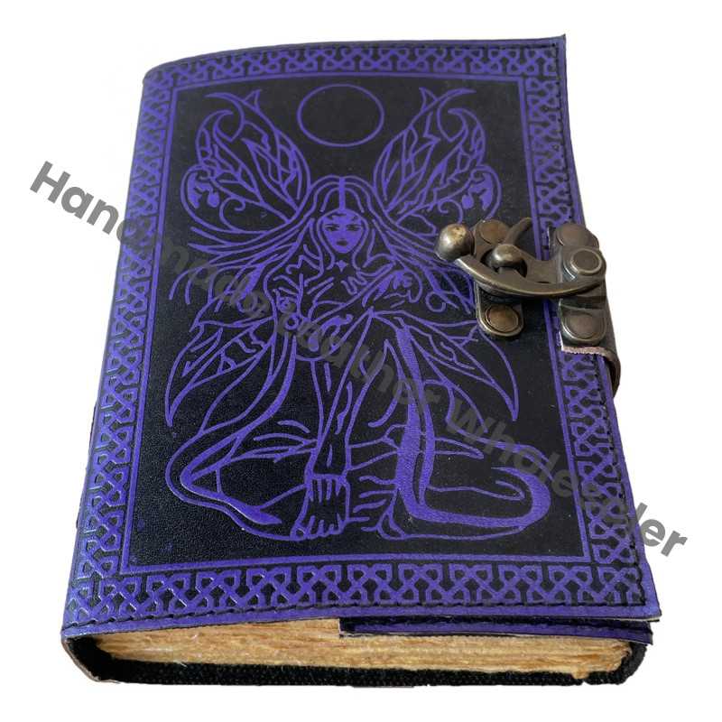 Antique Leather Book of Spell Charmed Fairy Of Moon Handmade Deckle Edge Paper Blue Embossed Vintage Sketchbook Travel