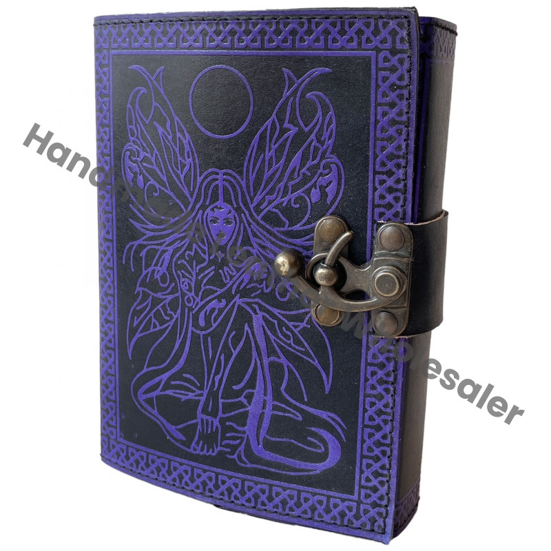 Antique Leather Book of Spell Charmed Fairy Of Moon Handmade Deckle Edge Paper Blue Embossed Vintage Sketchbook Travel