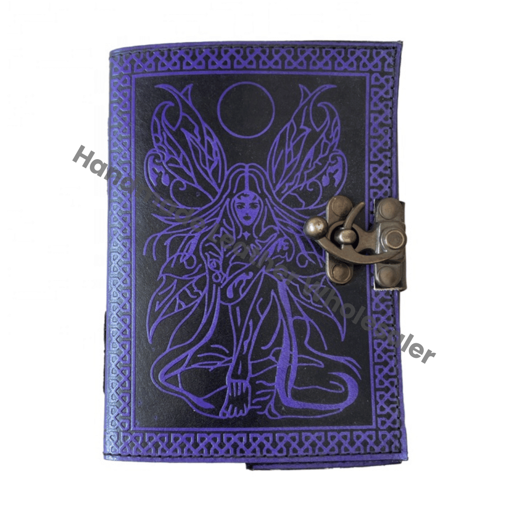 Antique Leather Book of Spell Charmed Fairy Of Moon Handmade Deckle Edge Paper Blue Embossed Vintage Sketchbook Travel