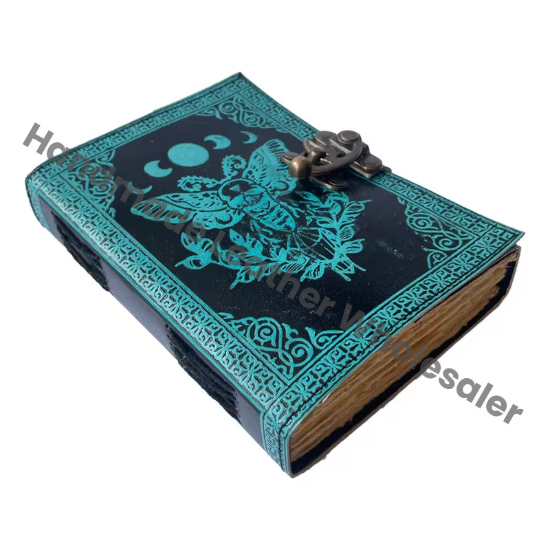 Antique Leather Book of Spell Charmed Sun Moon Moth Handmade Deckle Edge Paper Blue Embossed Vintage Travel Sketchbook